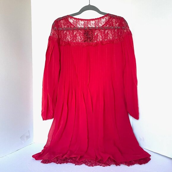 The Kooples Red Lace Chiffon Shift Dress Medium Red Long Sleeve Pleated Mini - Picture 4 of 11